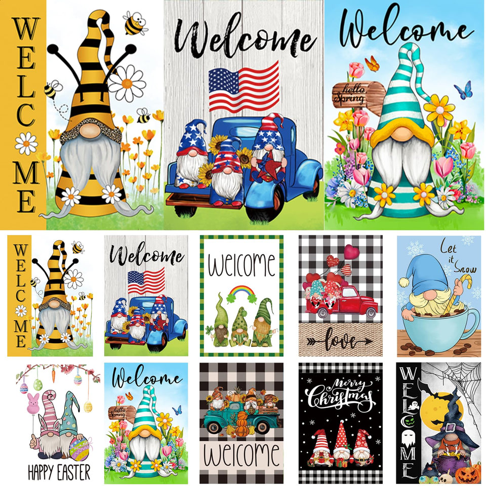 Pating gnome garden flag double-sided display enhances yard charm.