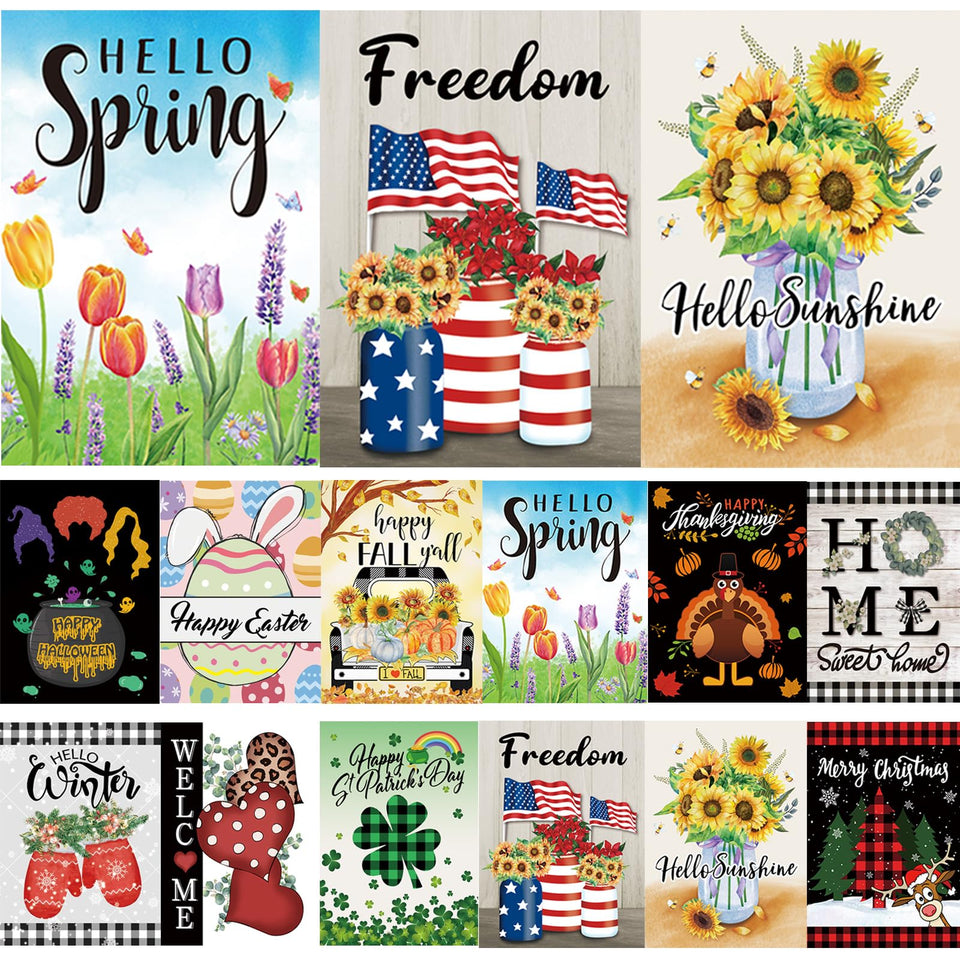 Pating seasonal garden flag on double-sided 12x18, enhancing curb appeal with vibrant designs