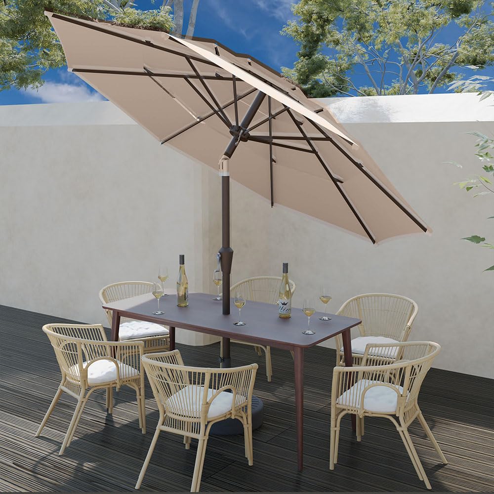 Patio Kingdom 10ft umbrella side view with crank for easy tilt adjustments.