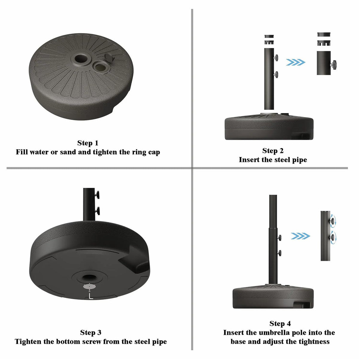 Patio Kingdom umbrella base supports 6–10 ft umbrellas with 1.5–1.9 in poles.