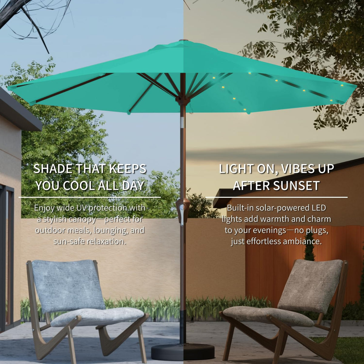Patio Kingdom poolside setup with turquoise umbrella for relaxing shade.