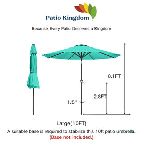 Patio Kingdom turquoise blue umbrella as a bold garden centerpiece.
