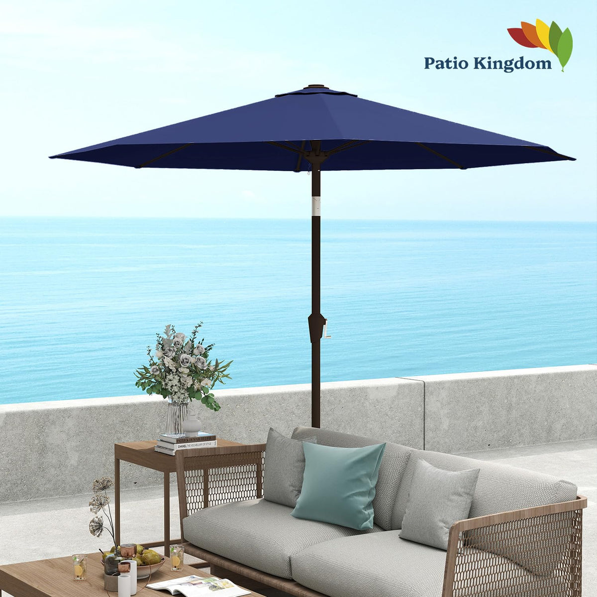 Patio Kingdom umbrella frame shows rust-resistant steel pole for lasting outdoor use