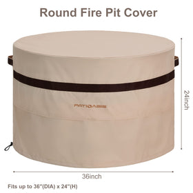 PATIOASIS beige round cover with air vent aids moisture control.