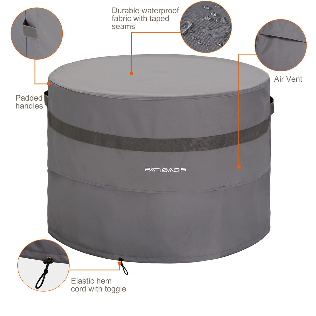 PATIOASIS breathable vented cover prevents moisture buildup on fire pit.