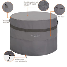 PATIOASIS breathable vented cover prevents moisture buildup on fire pit.