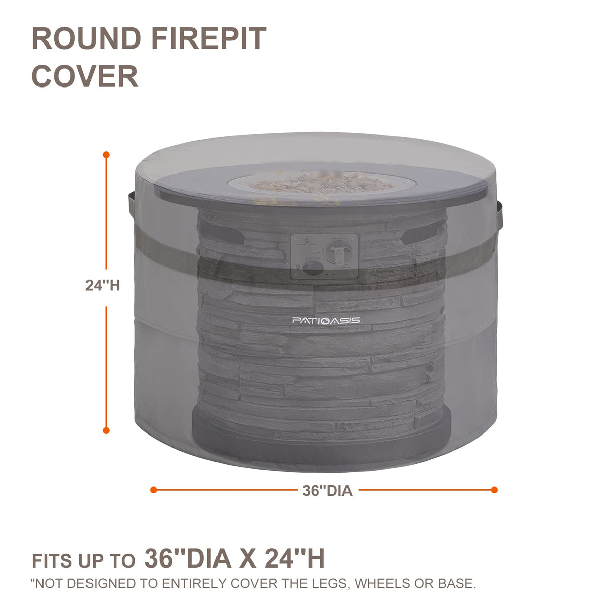 PATIOASIS drawstring round fire pit cover secured against wind.