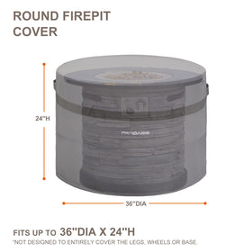 PATIOASIS drawstring round fire pit cover secured against wind.