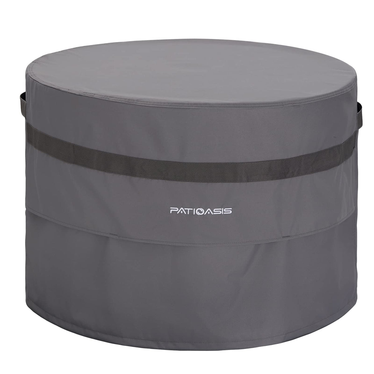 PATIOASIS grey round fire pit cover protecting from rain and dust.