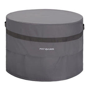 PATIOASIS grey round fire pit cover protecting from rain and dust.