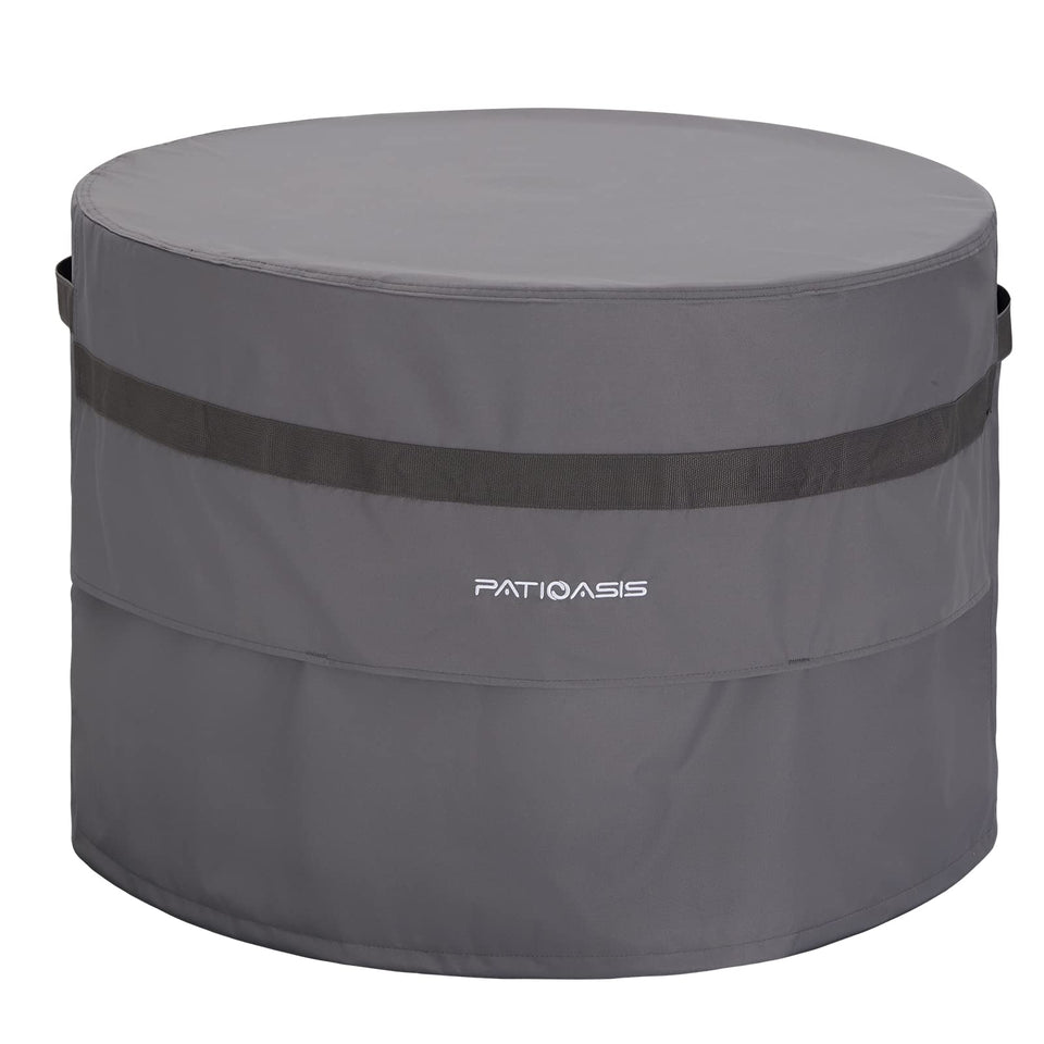 PATIOASIS grey round fire pit cover protecting from rain and dust.