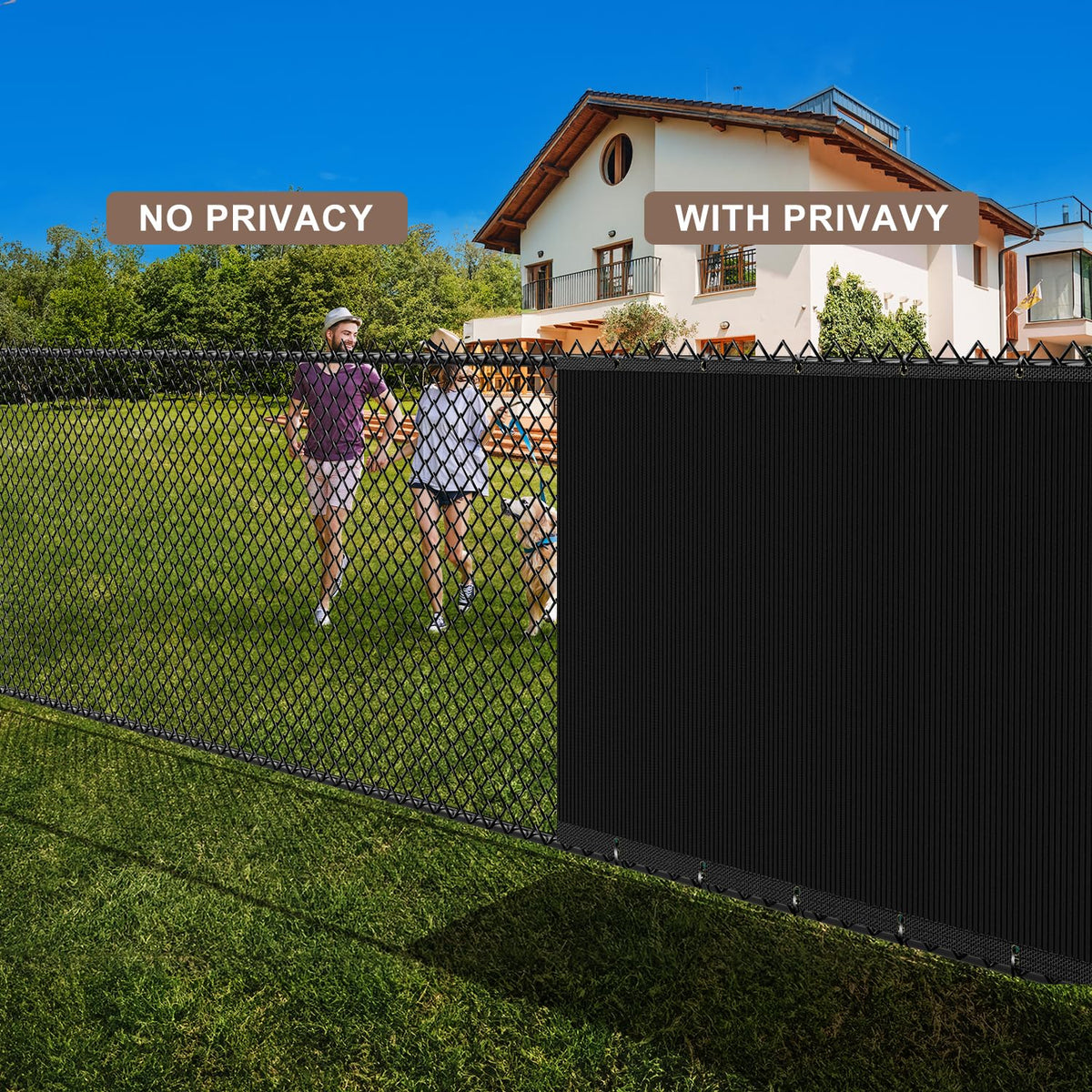Patiobay backyard privacy setup blocks views while allowing airflow.