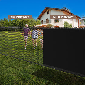 Patiobay backyard privacy setup blocks views while allowing airflow.