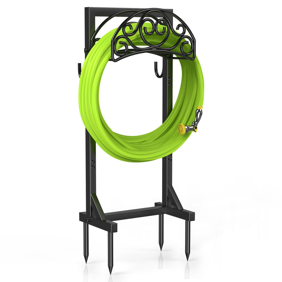 Patiobay freestanding hose stand front view showing compact, organized storage for long hoses in the yard