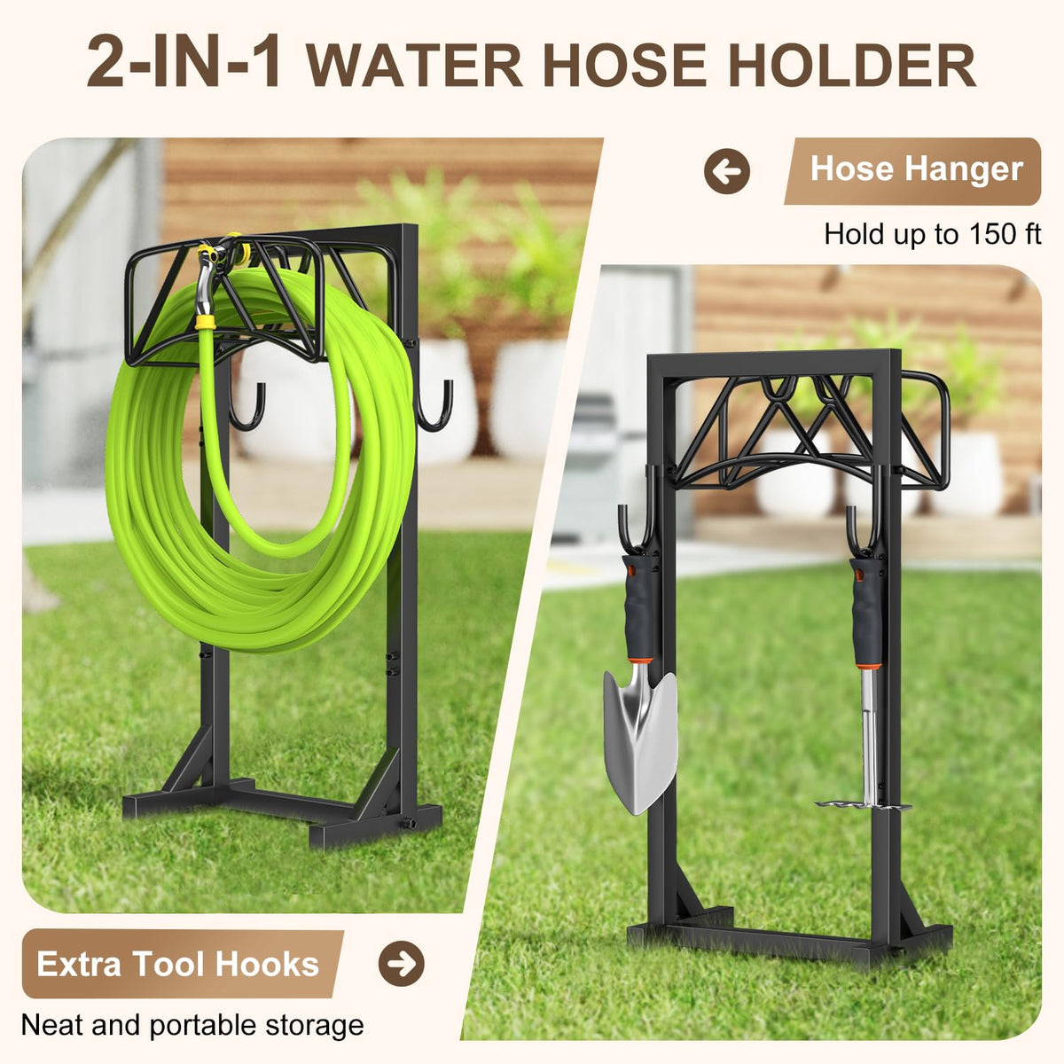Patiobay freestanding hose rack with four spikes keeps hoses secure