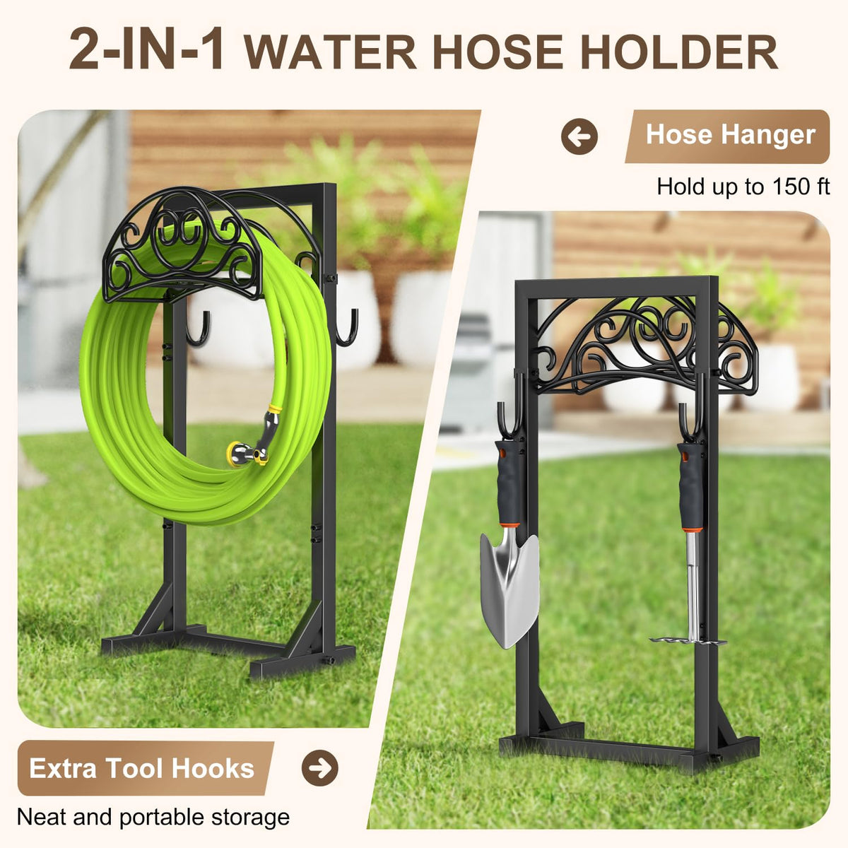 Patiobay hose stand side view with hooks offers easy tool access during yard tasks