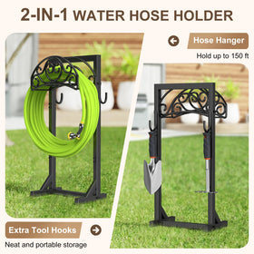 Patiobay hose stand side view with hooks offers easy tool access during yard tasks