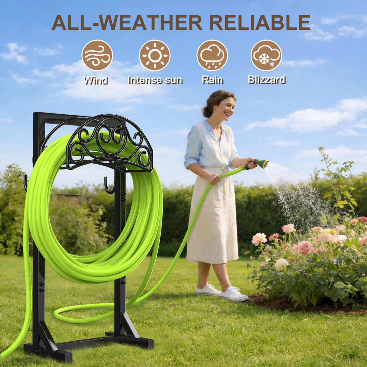 Patiobay hose stand with side hooks stores sprinklers and accessories for quick access