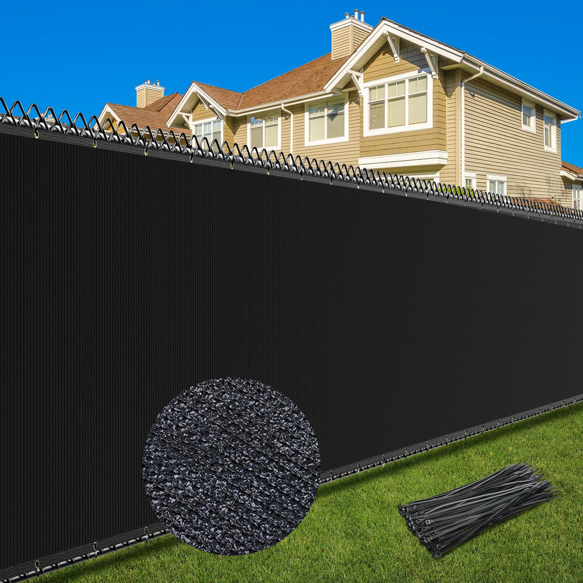 Patiobay privacy screen 4x50ft mounted on fence for enhanced outdoor privacy.