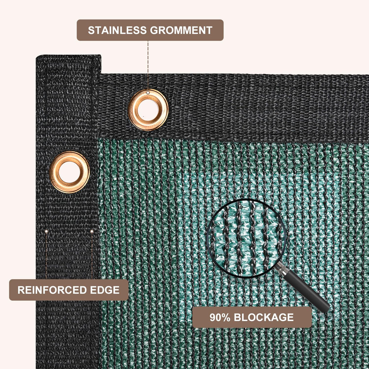 Stainless brass grommets on Patiobay fence screen for secure attachment