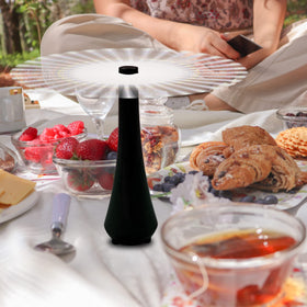 PATIOSIR table-top fan swatter keeps beverages and plates clean.