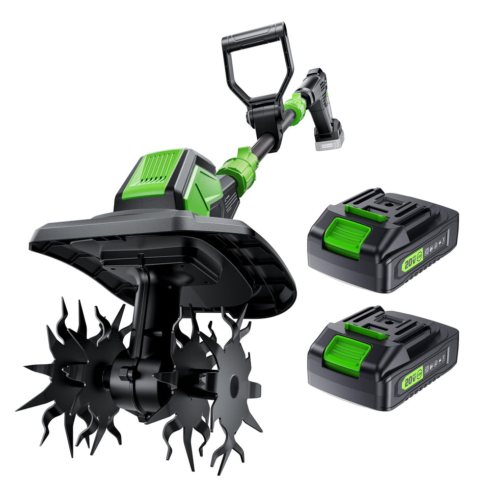 Patoolio 20V cordless tiller front view demonstrates compact, easy garden prep.