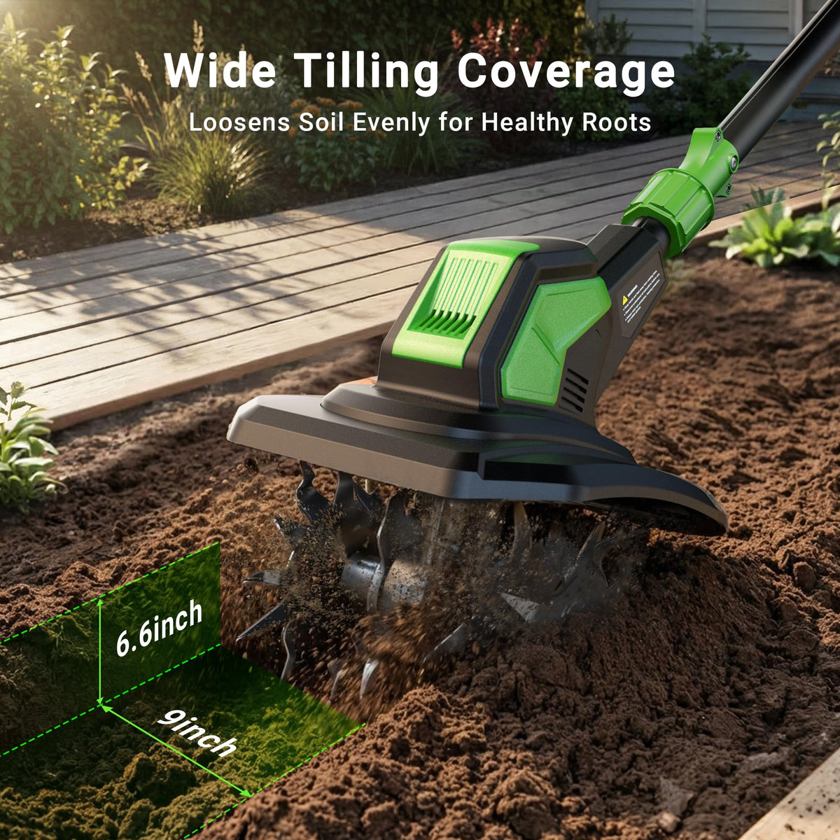 Patoolio 20V cordless tiller with side handle offers ergonomic control while tilling.