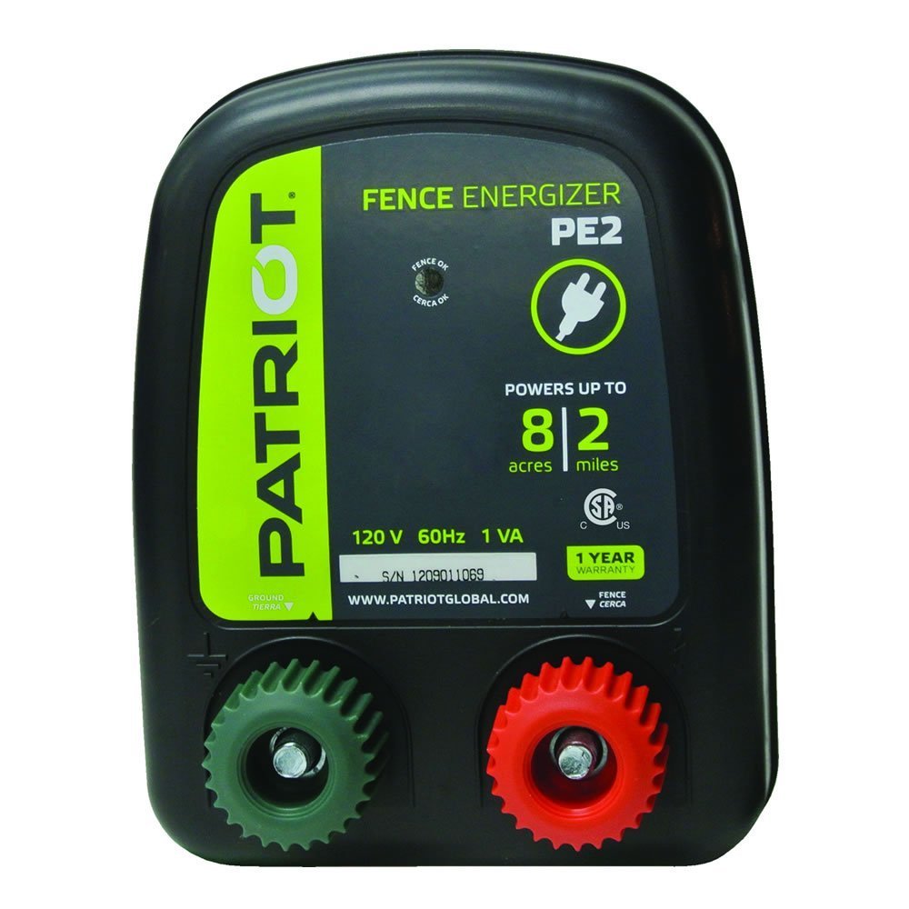 Patriot PE2 electric fence energizer powering containment in a compact black unit