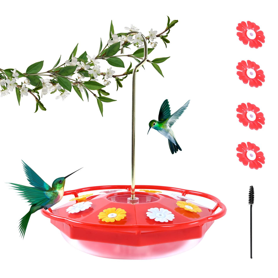Patrisard hummingbird feeder shows 12 oz capacity with bright red housing.