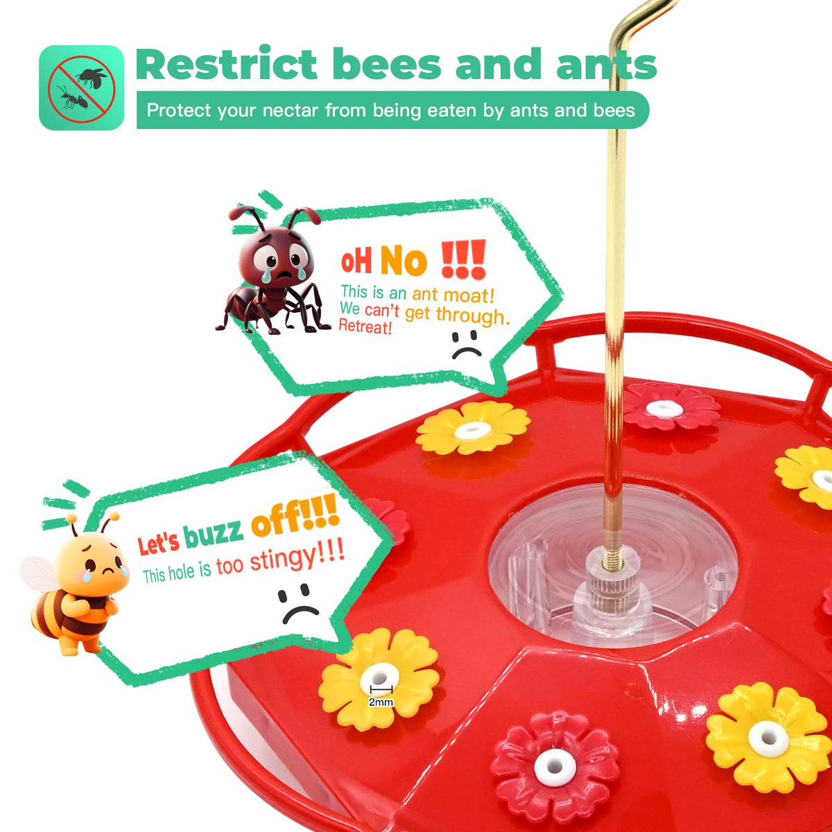 Patrisard hummingbird feeder with eight ports promotes calm feeding.