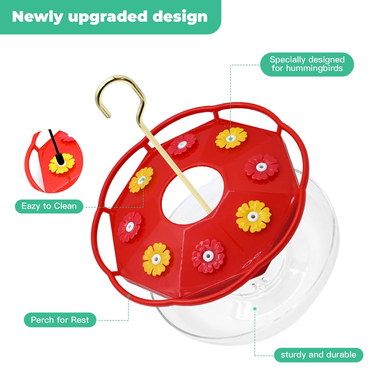 Patrisard feeder includes anti-ant moat to keep nectar clean outdoors.
