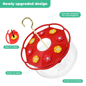 Patrisard feeder includes anti-ant moat to keep nectar clean outdoors.