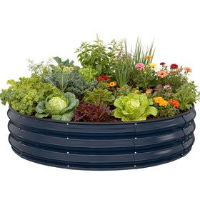 Pattiumo galvanized round bed with 4x4 planting space and open bottom drainage.