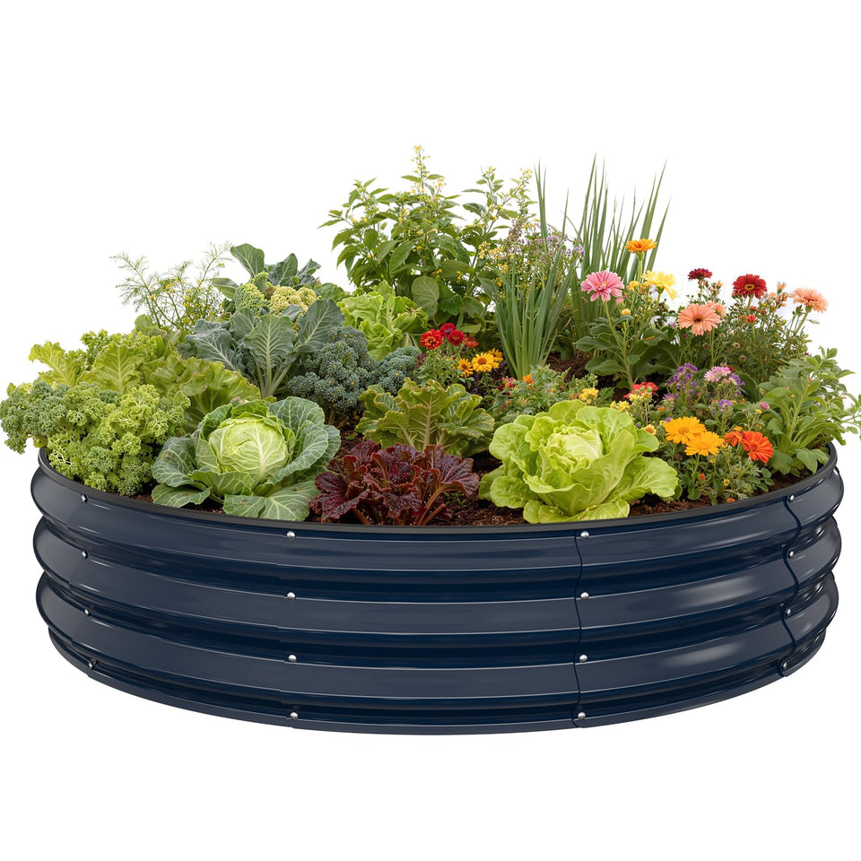 Pattiumo galvanized round bed with 4x4 planting space and open bottom drainage.