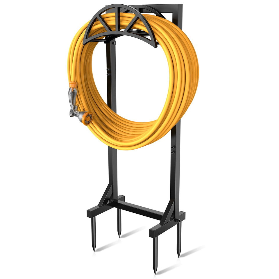 Pattiumo garden hose holder stand, front view, keeps hoses organized and accessible for quick watering.