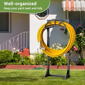 Pattiumo garden hose holder stand installed in yard, freestanding convenience without drilling.