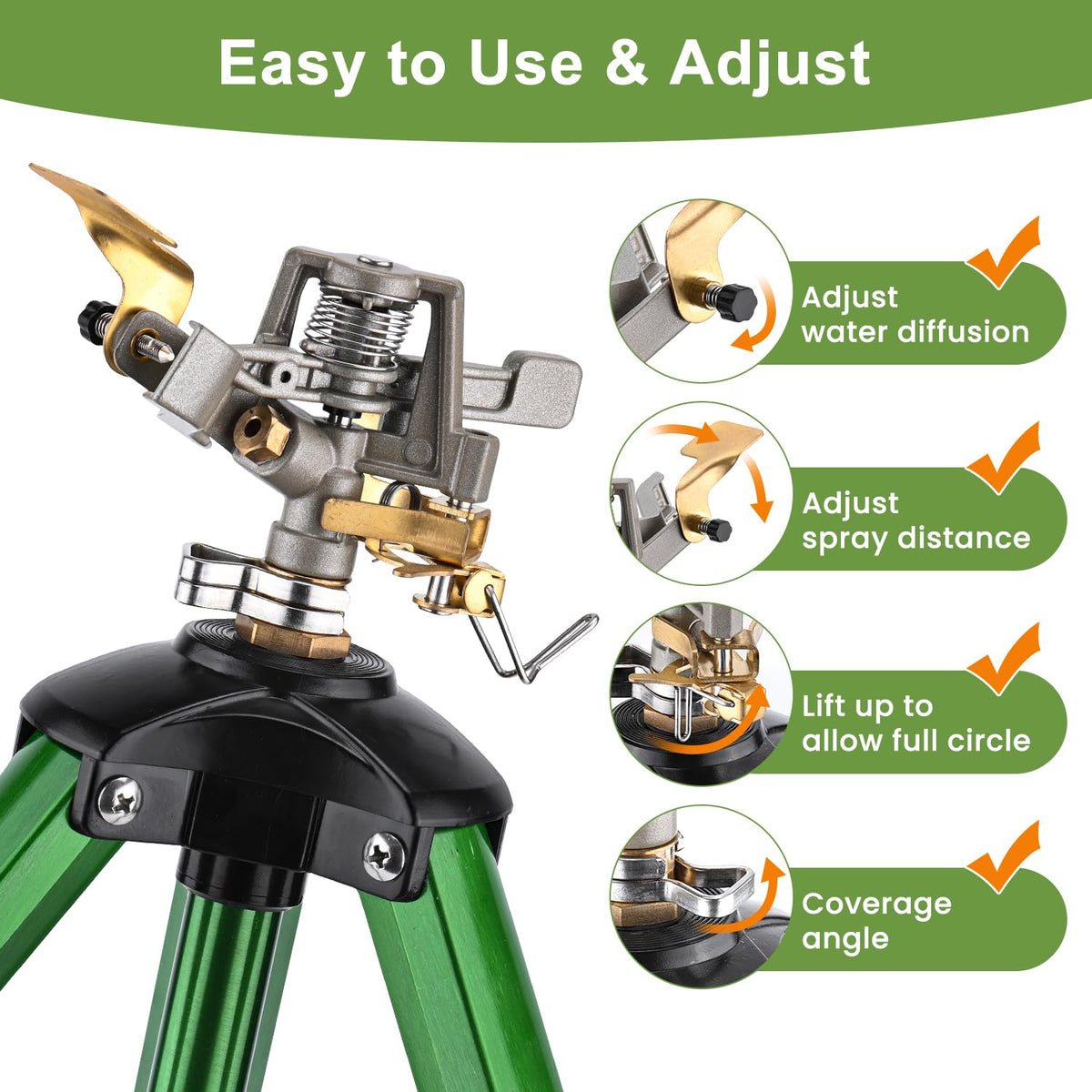 Pattiumo Sprinklers metal tripod base provides stable setup on varied ground