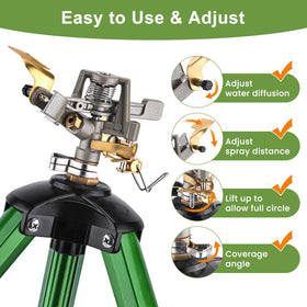 Pattiumo Sprinklers metal tripod base provides stable setup on varied ground