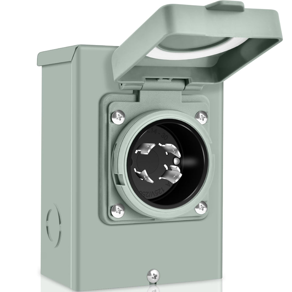PAULINN 30A inlet box front view showing rugged outdoor enclosure and secure latch
