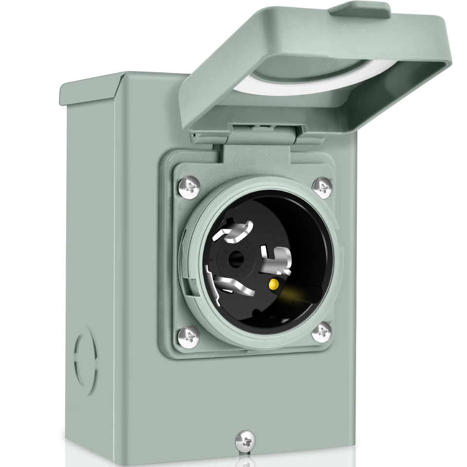 PAULINN 50 Amp generator inlet box exterior view ensures weatherproof outdoor power connection.