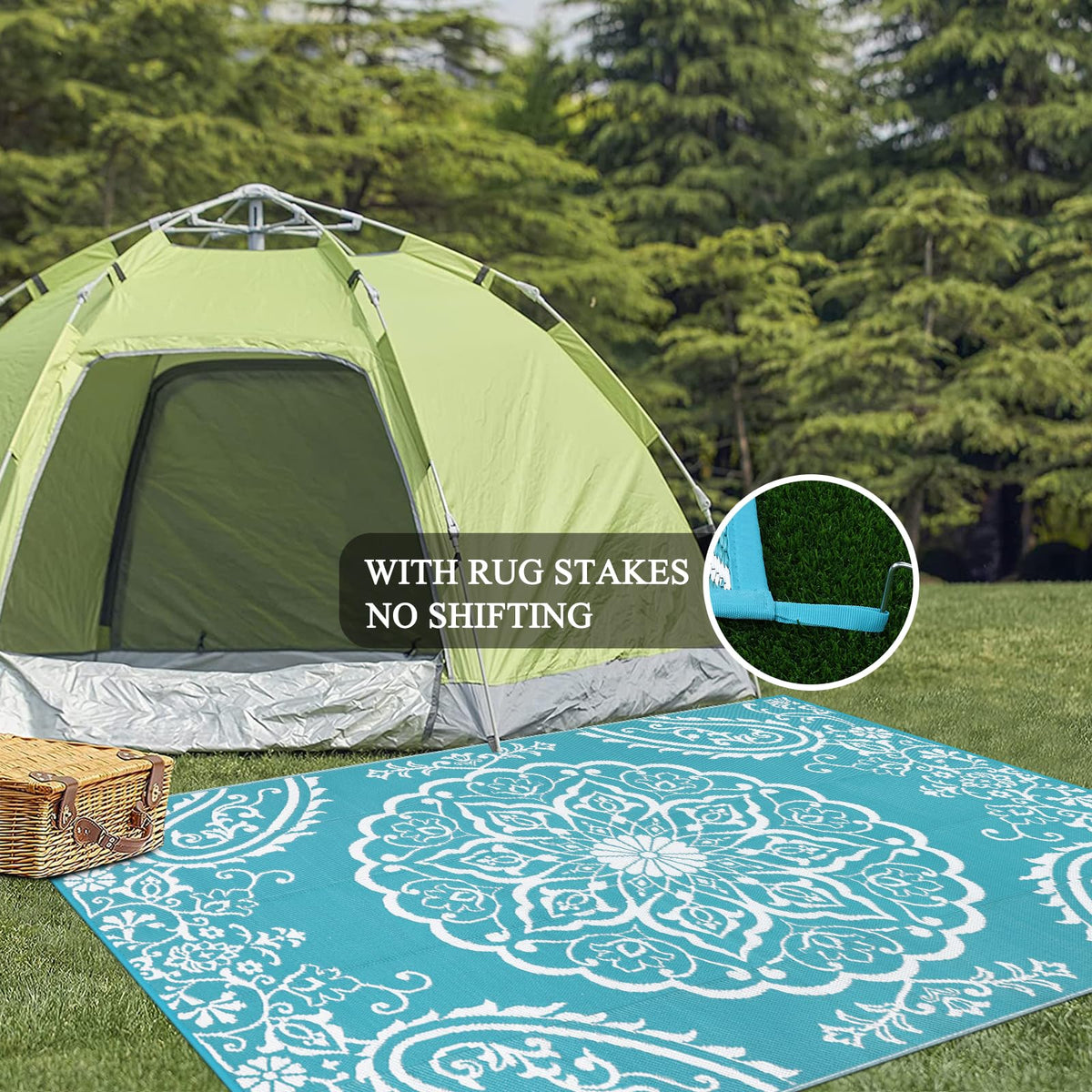 Pauwer camping rug with carrying bag in teal, ideal for RVs and picnics.