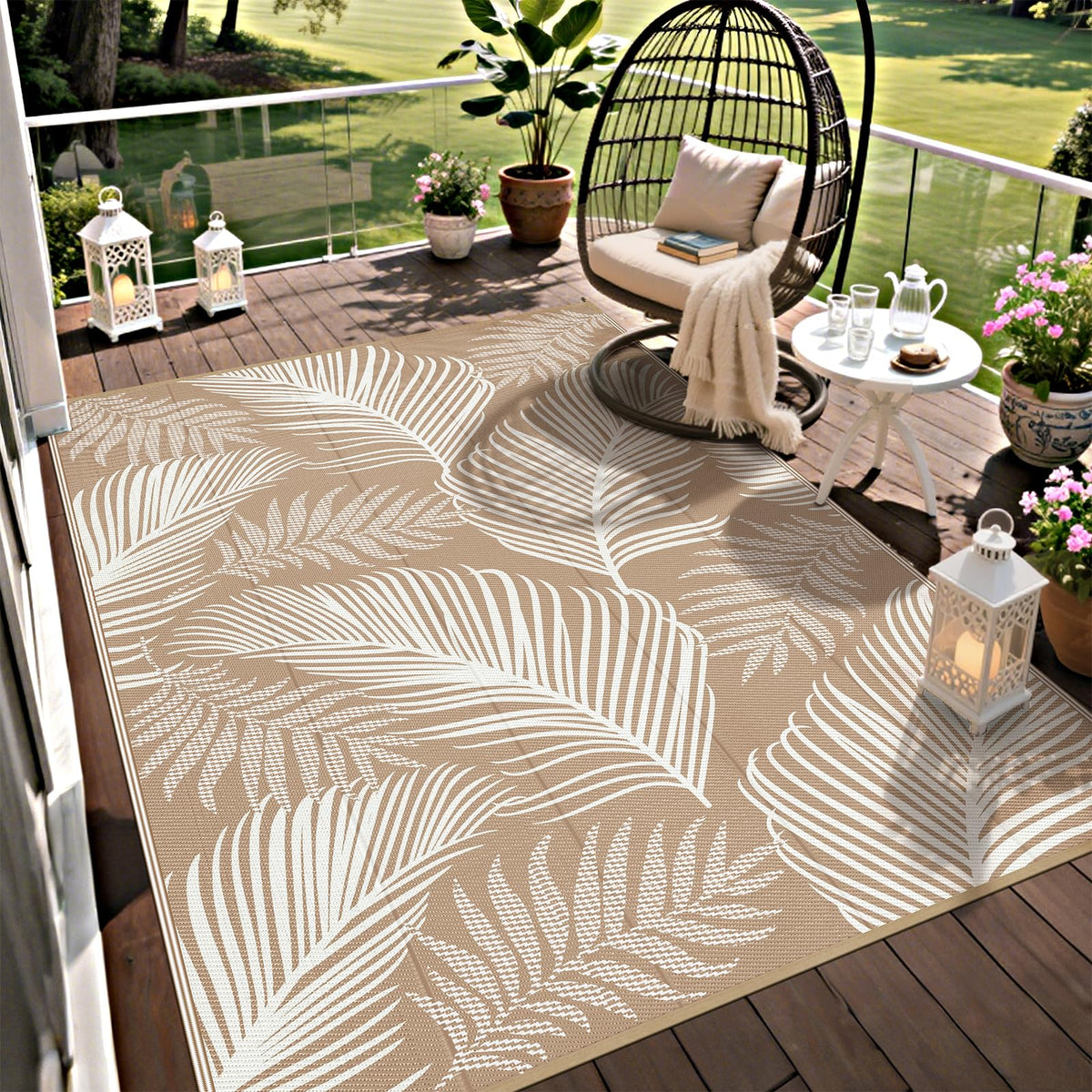 Pauwer leaf-pattern reversible outdoor rug updates patio decor quickly.