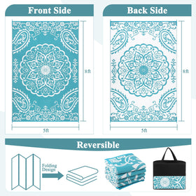 Pauwer teal outdoor rug showing dual floral designs for easy seasonal refresh.