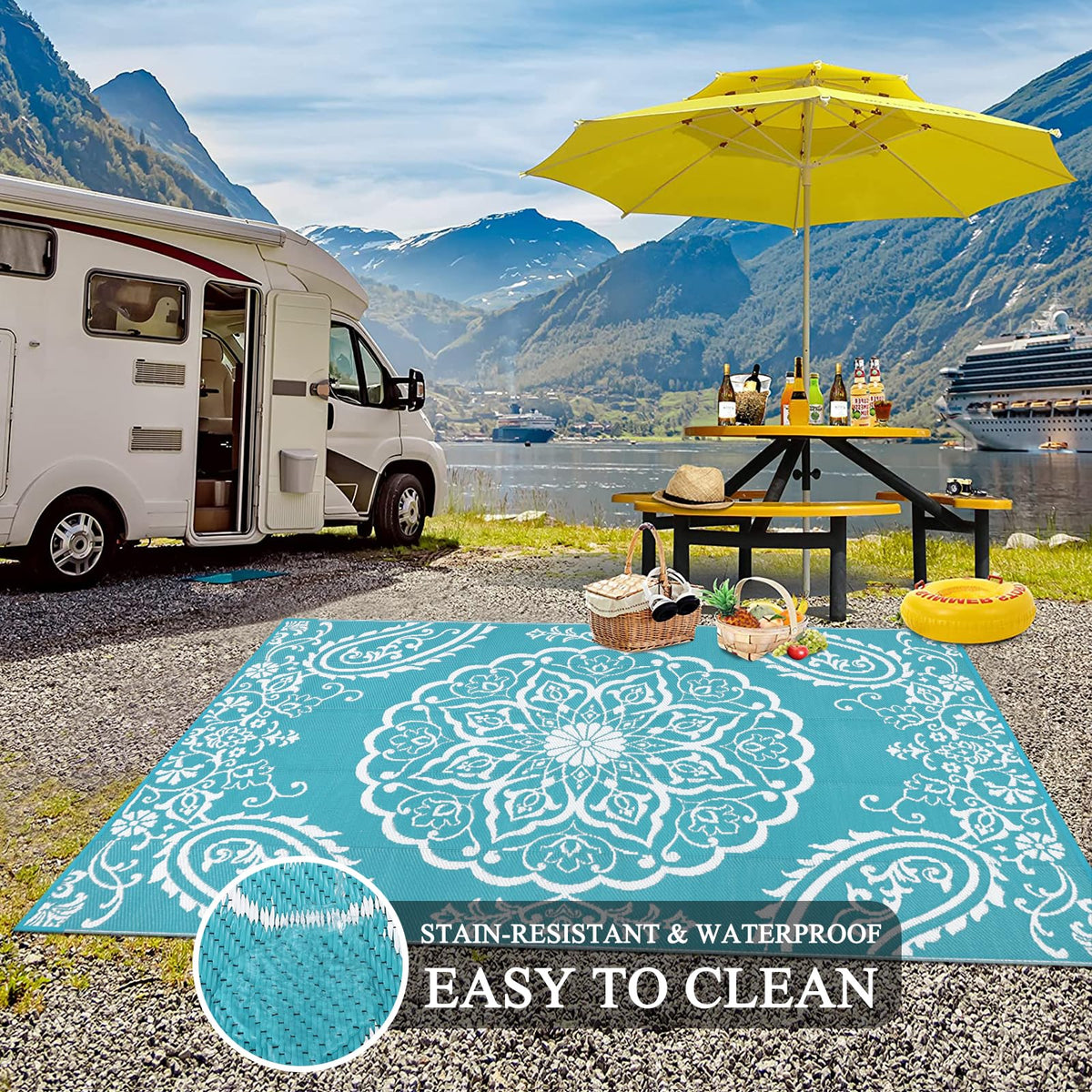 Pauwer teal outdoor rug resists stains and cleans easily for quick maintenance.