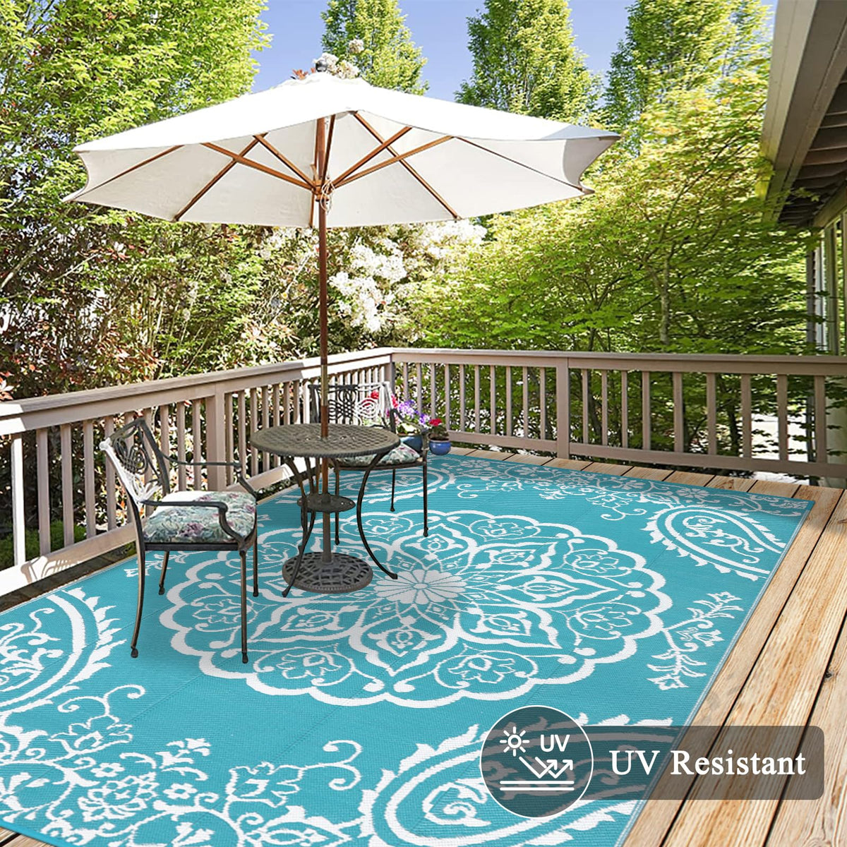 Pauwer patio rug teal with UV coating for long-lasting color on decks.