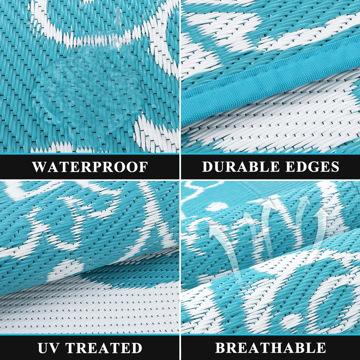 Pauwer teal RV mat 5x8, waterproof for outdoor adventures.