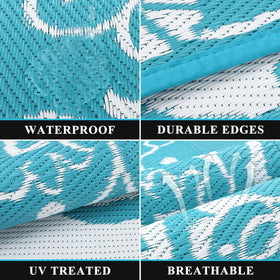 Pauwer teal RV mat 5x8, waterproof for outdoor adventures.