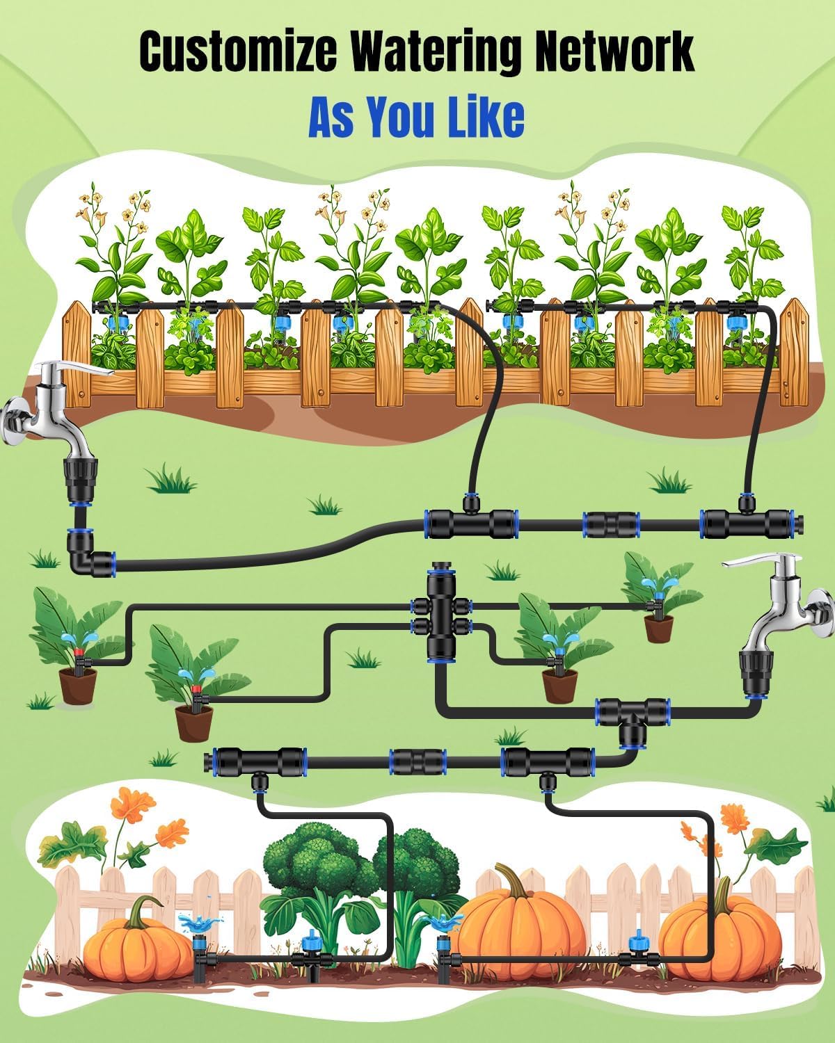 Pawfly 90-degree elbows extend irrigation reach across garden beds