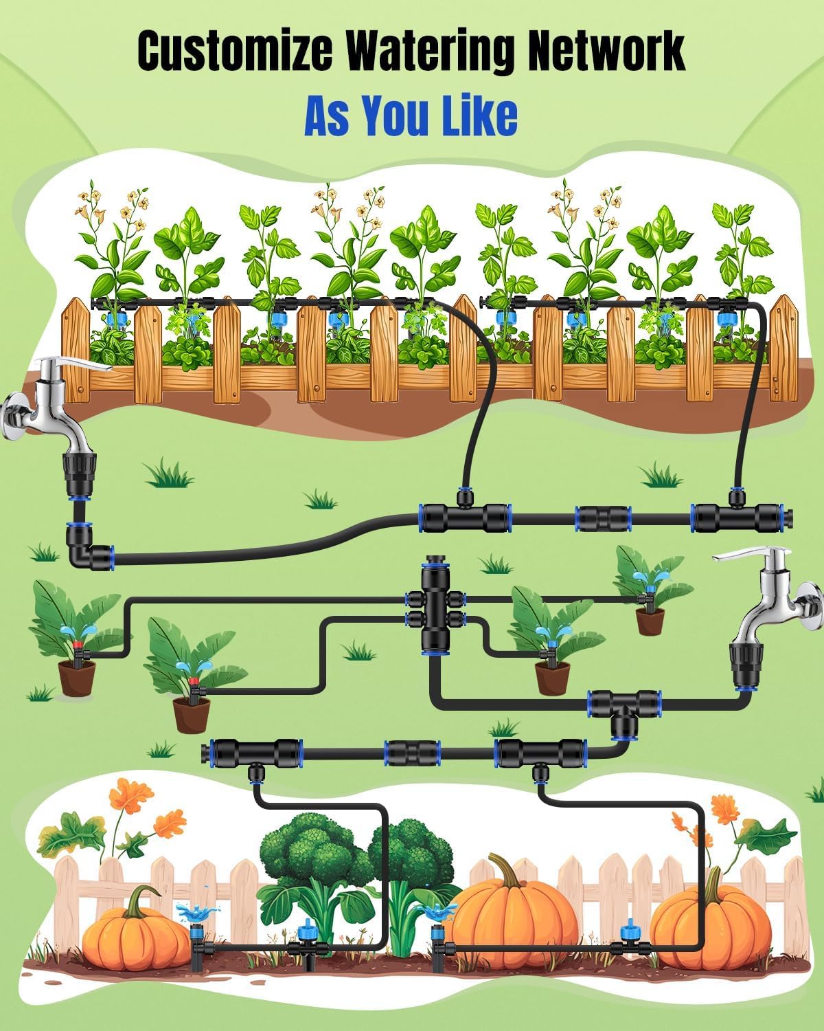 Pawfly raised-bed irrigation adapters support focused watering.