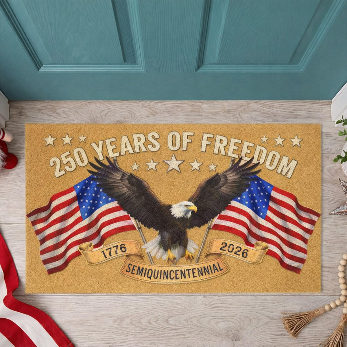 PaxNotunnxa America 250th Anniversary doormat with bald eagle and stars for festive entryway.